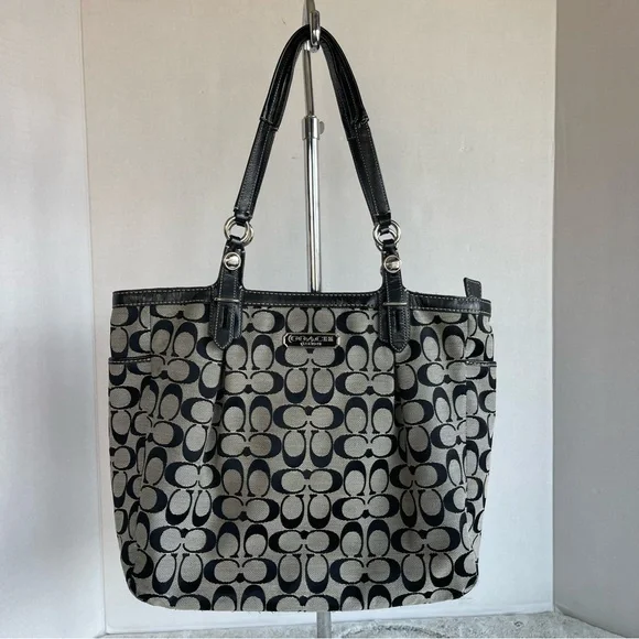 Coach Signature Canvas Leather Medium Tote Shoulder Bag Gray and Black Zip - Picture 1 of 15